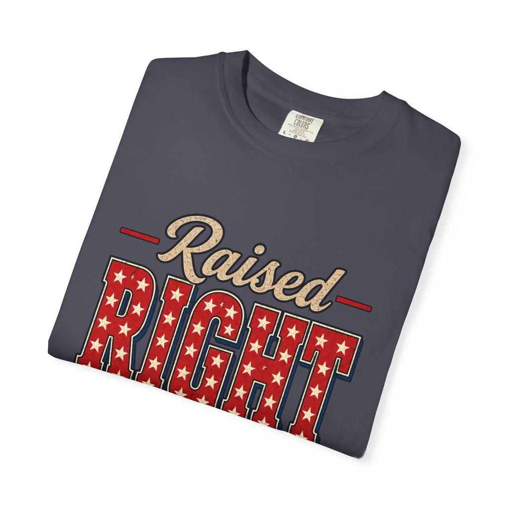 Raised Right T-shirt | Patriotic Stars Stripes Americana Design
