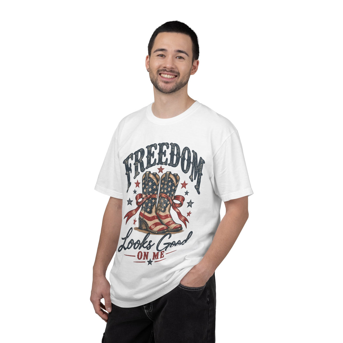 Freedom Cowboy Boots Looks Good On Me T-Shirt | American Flag Western Shirt
