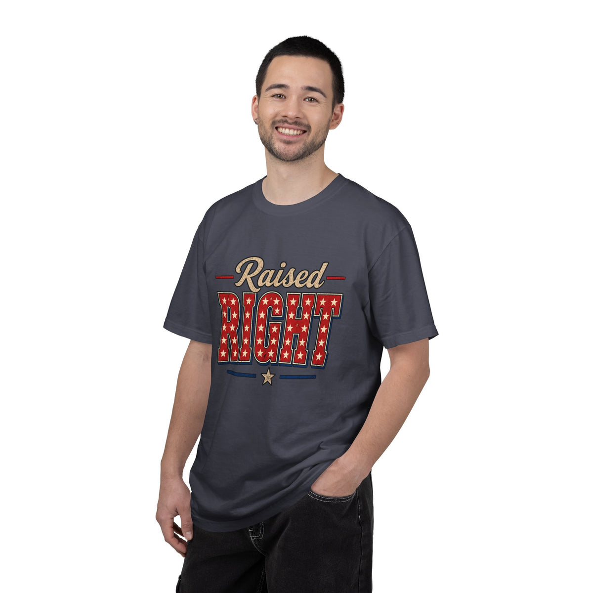 Raised Right T-shirt | Patriotic Stars Stripes Americana Design