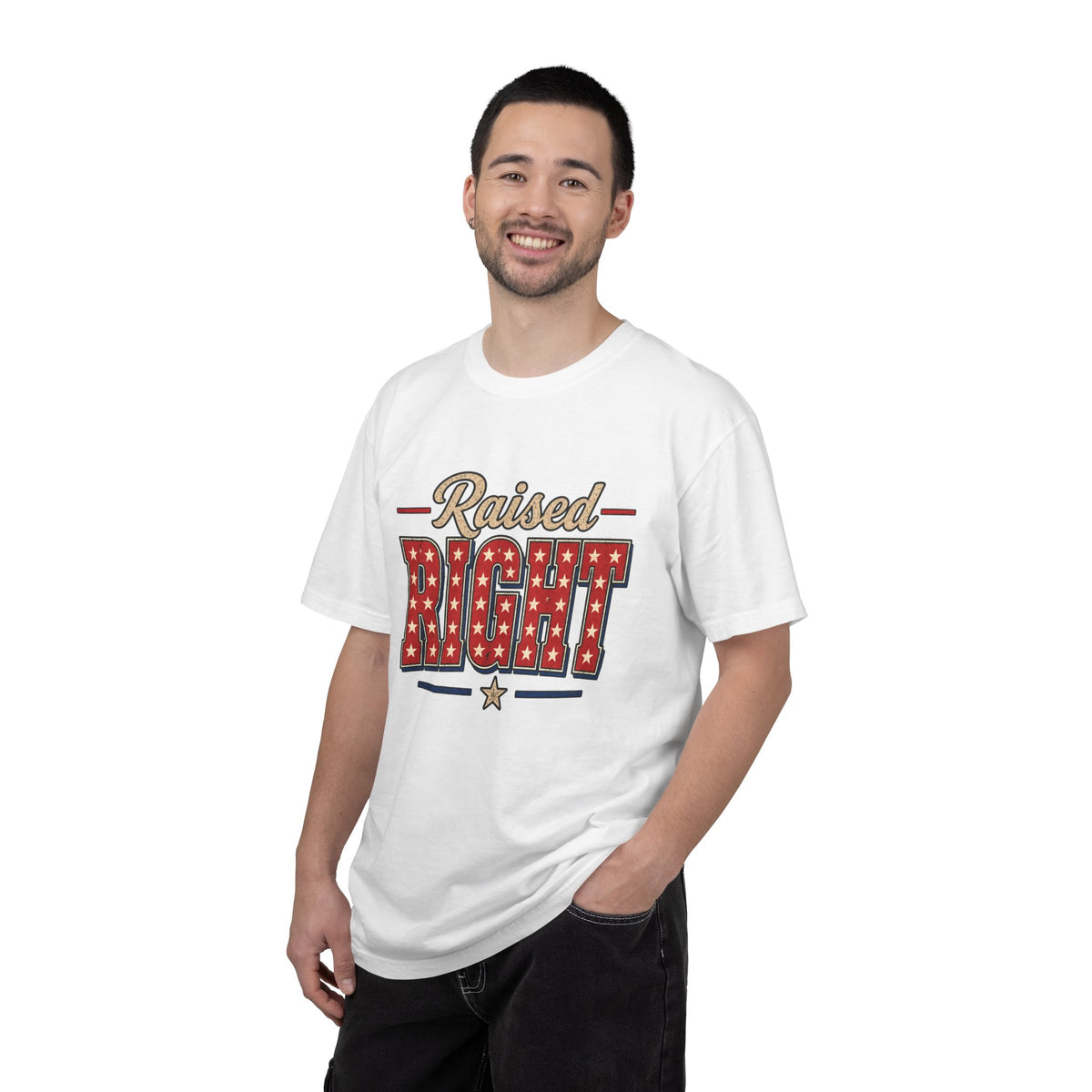 Raised Right T-shirt | Patriotic Stars Stripes Americana Design