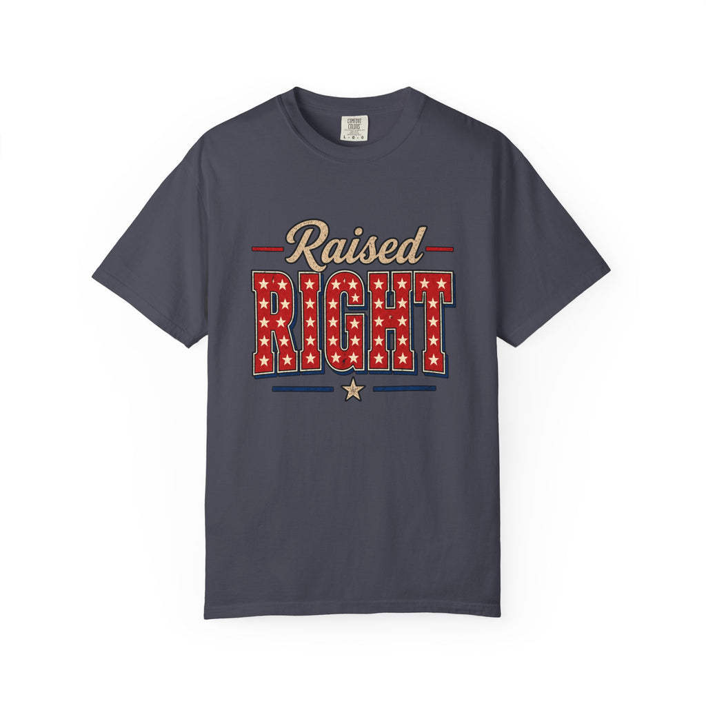 Raised Right T-shirt | Patriotic Stars Stripes Americana Design