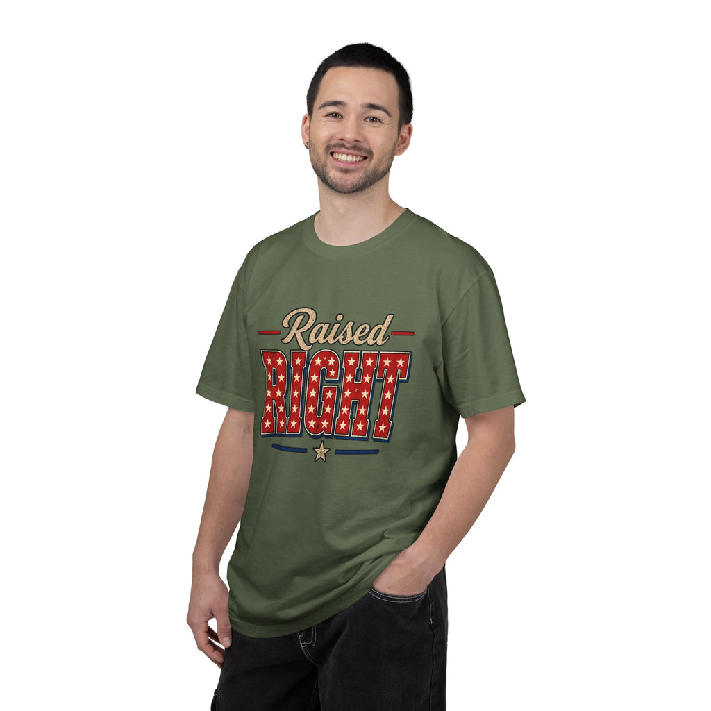 Raised Right T-shirt | Patriotic Stars Stripes Americana Design