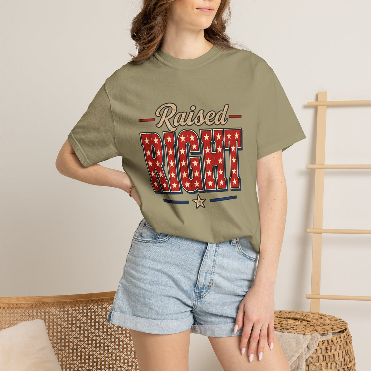 Raised Right T-shirt | Patriotic Stars Stripes Americana Design