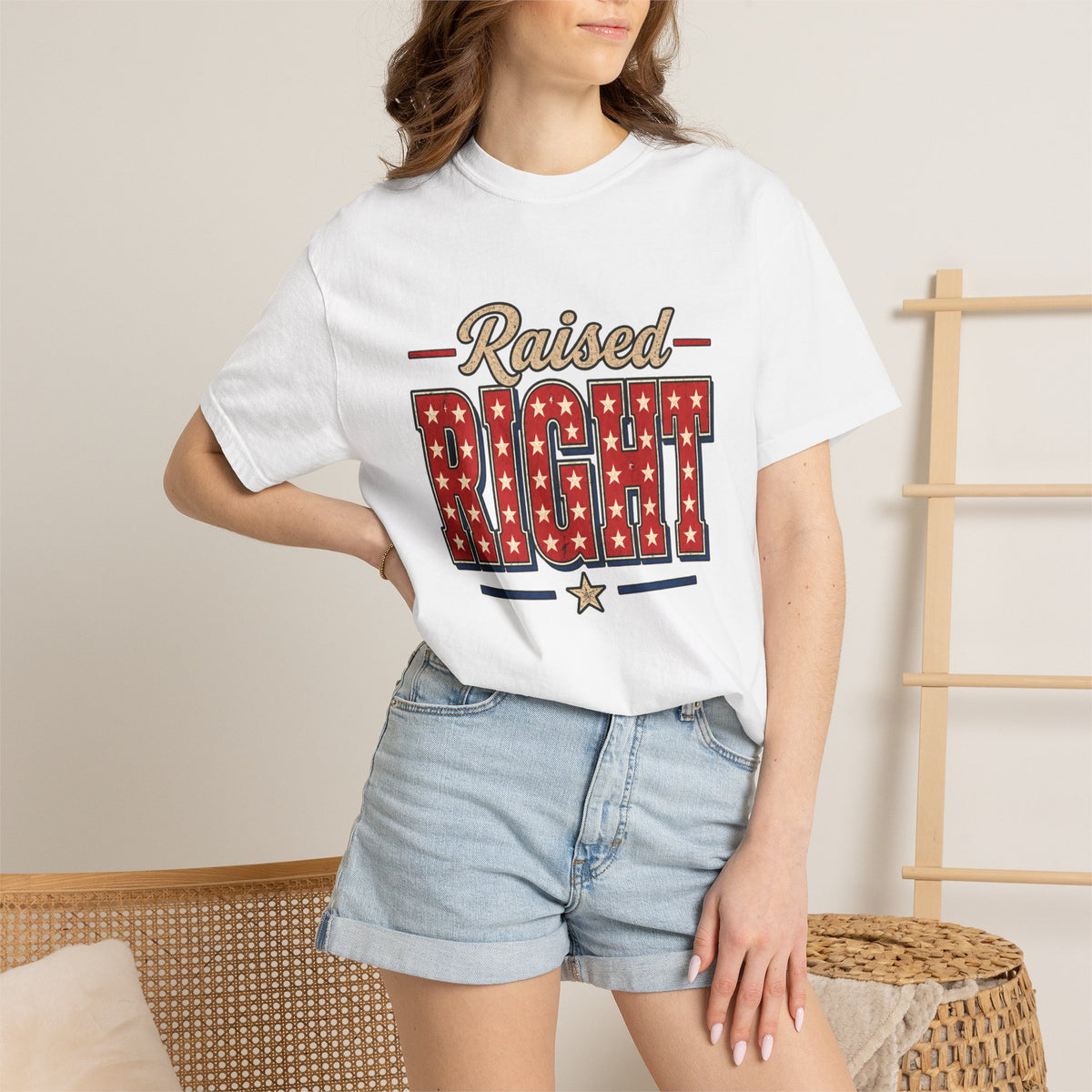 Raised Right T-shirt | Patriotic Stars Stripes Americana Design