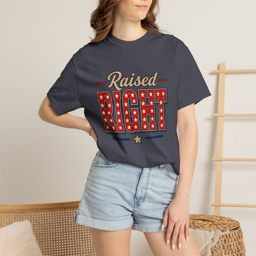 Raised Right T-shirt | Patriotic Stars Stripes Americana Design