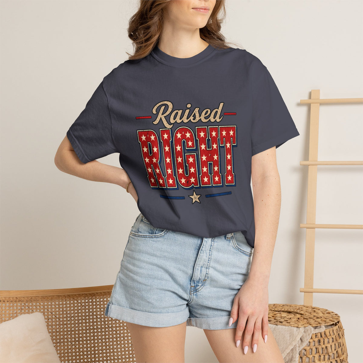 Raised Right T-shirt | Patriotic Stars Stripes Americana Design