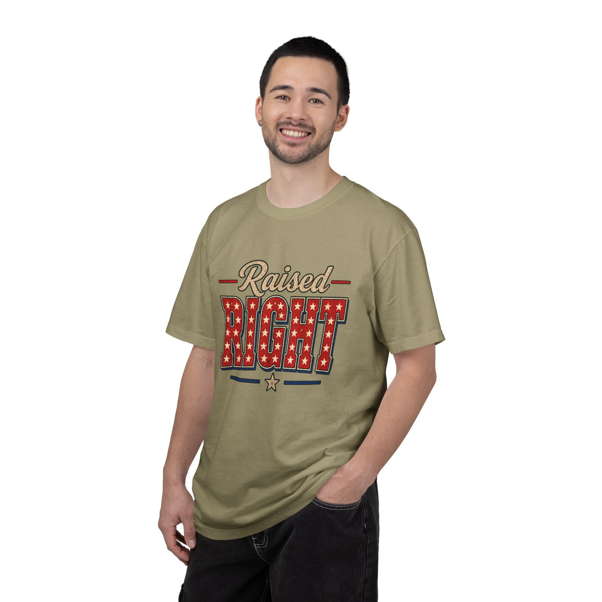 Raised Right T-shirt | Patriotic Stars Stripes Americana Design