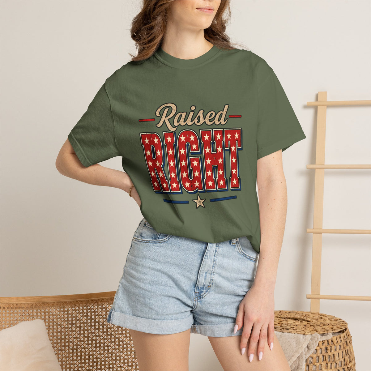 Raised Right T-shirt | Patriotic Stars Stripes Americana Design