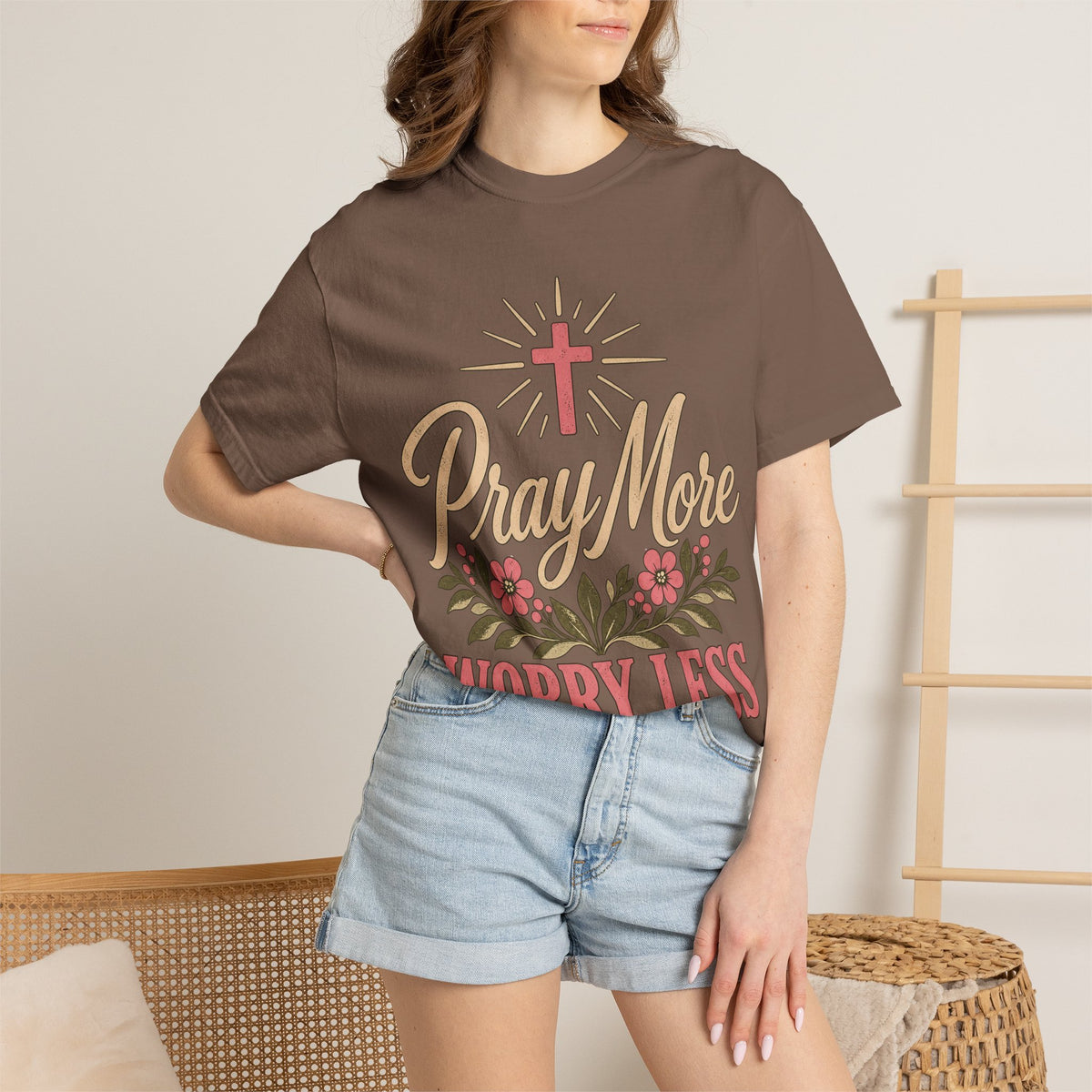 Pray More Worry Less T-shirt | Christian Cross Floral Tee
