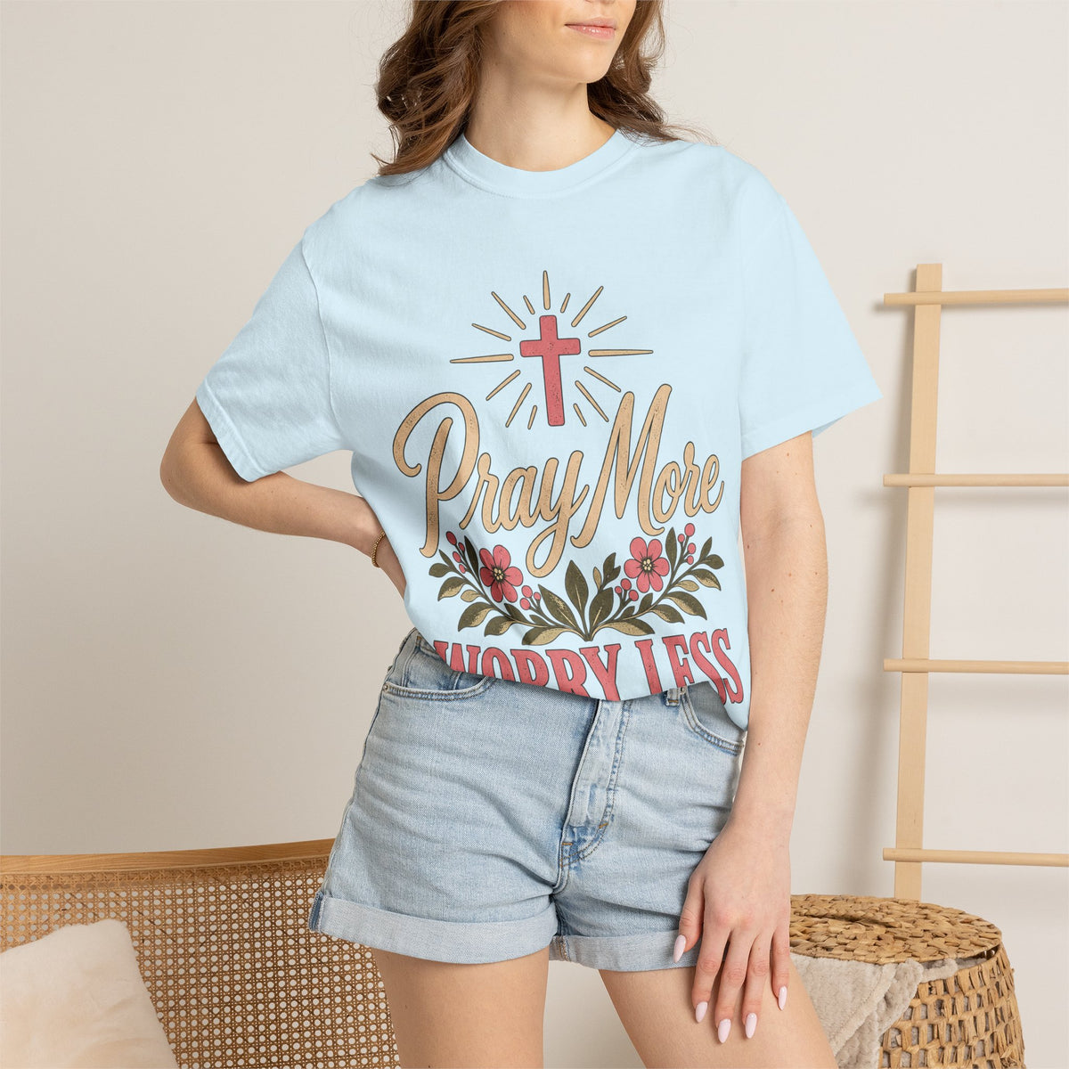 Pray More Worry Less T-shirt | Christian Cross Floral Tee