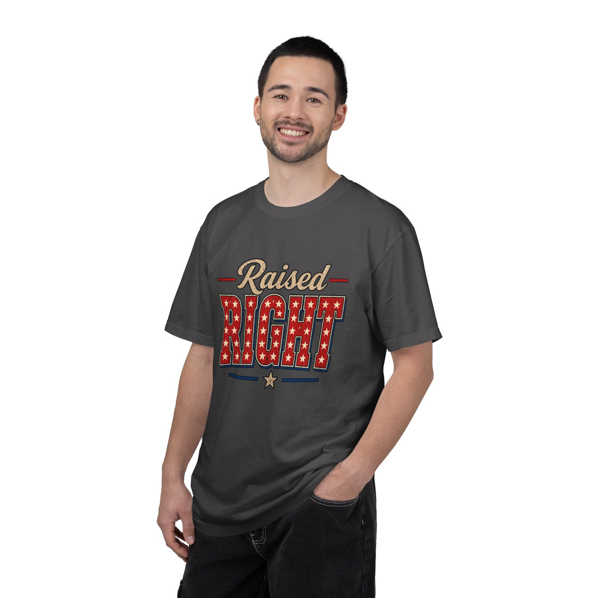 Raised Right T-shirt | Patriotic Stars Stripes Americana Design