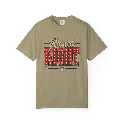Raised Right T-shirt | Patriotic Stars Stripes Americana Design