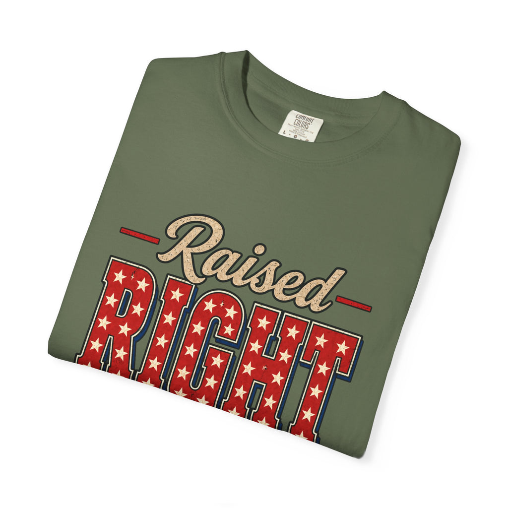 Raised Right T-shirt | Patriotic Stars Stripes Americana Design
