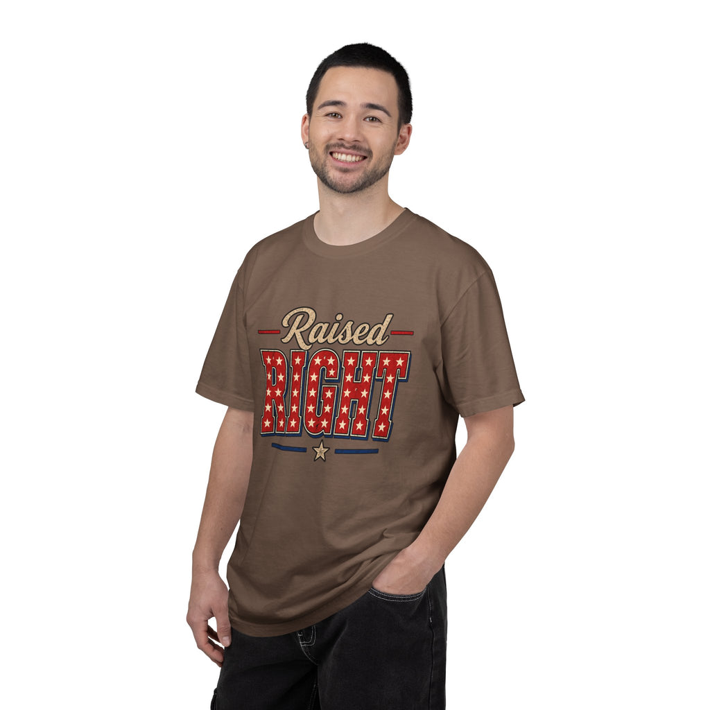 Raised Right T-shirt | Patriotic Stars Stripes Americana Design