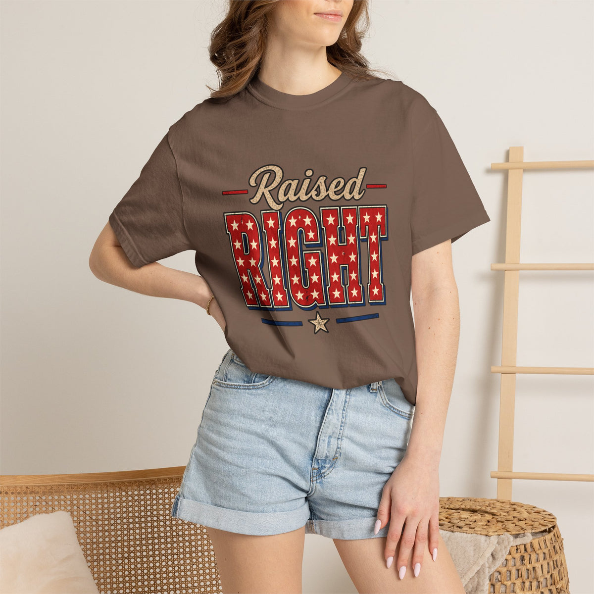 Raised Right T-shirt | Patriotic Stars Stripes Americana Design