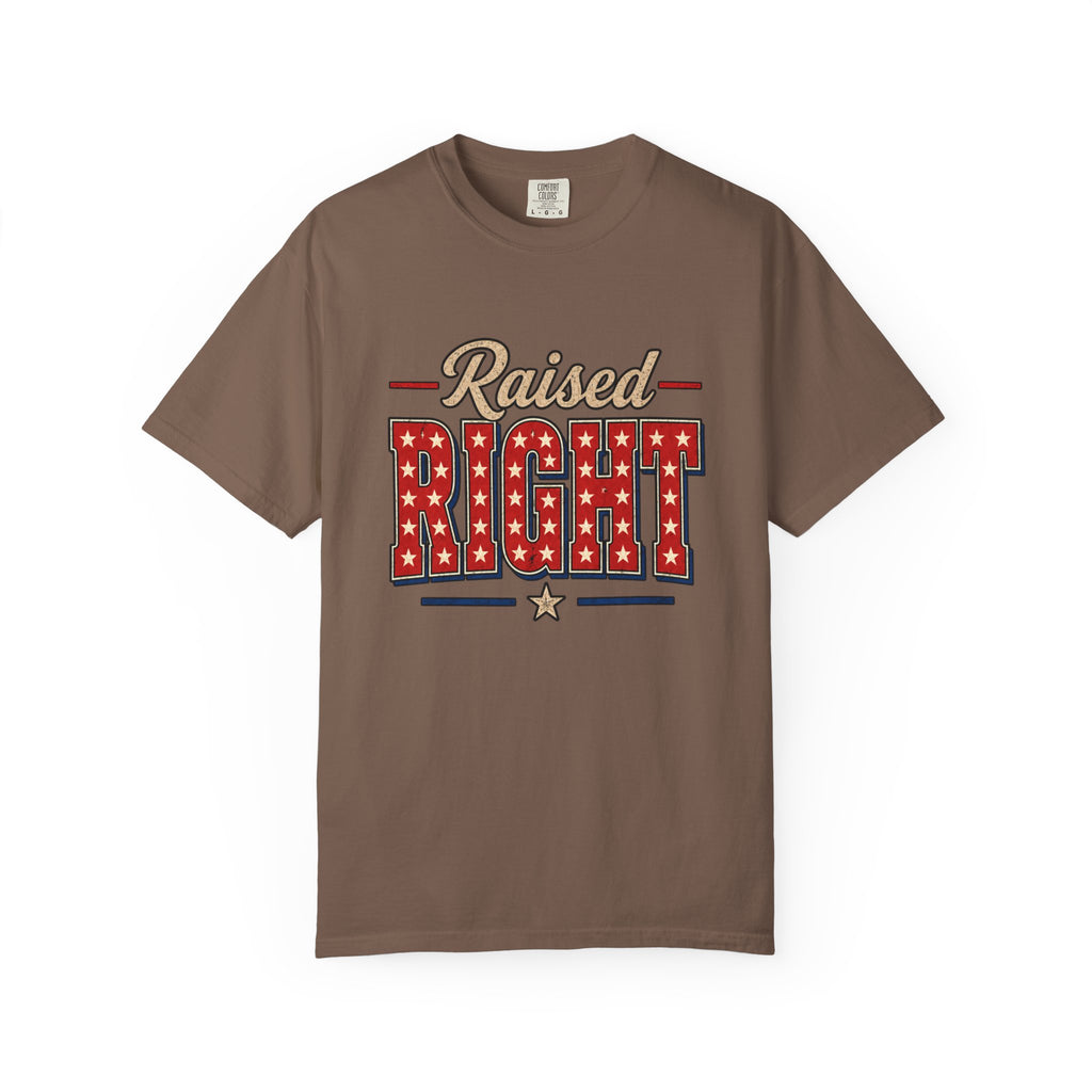 Raised Right T-shirt | Patriotic Stars Stripes Americana Design