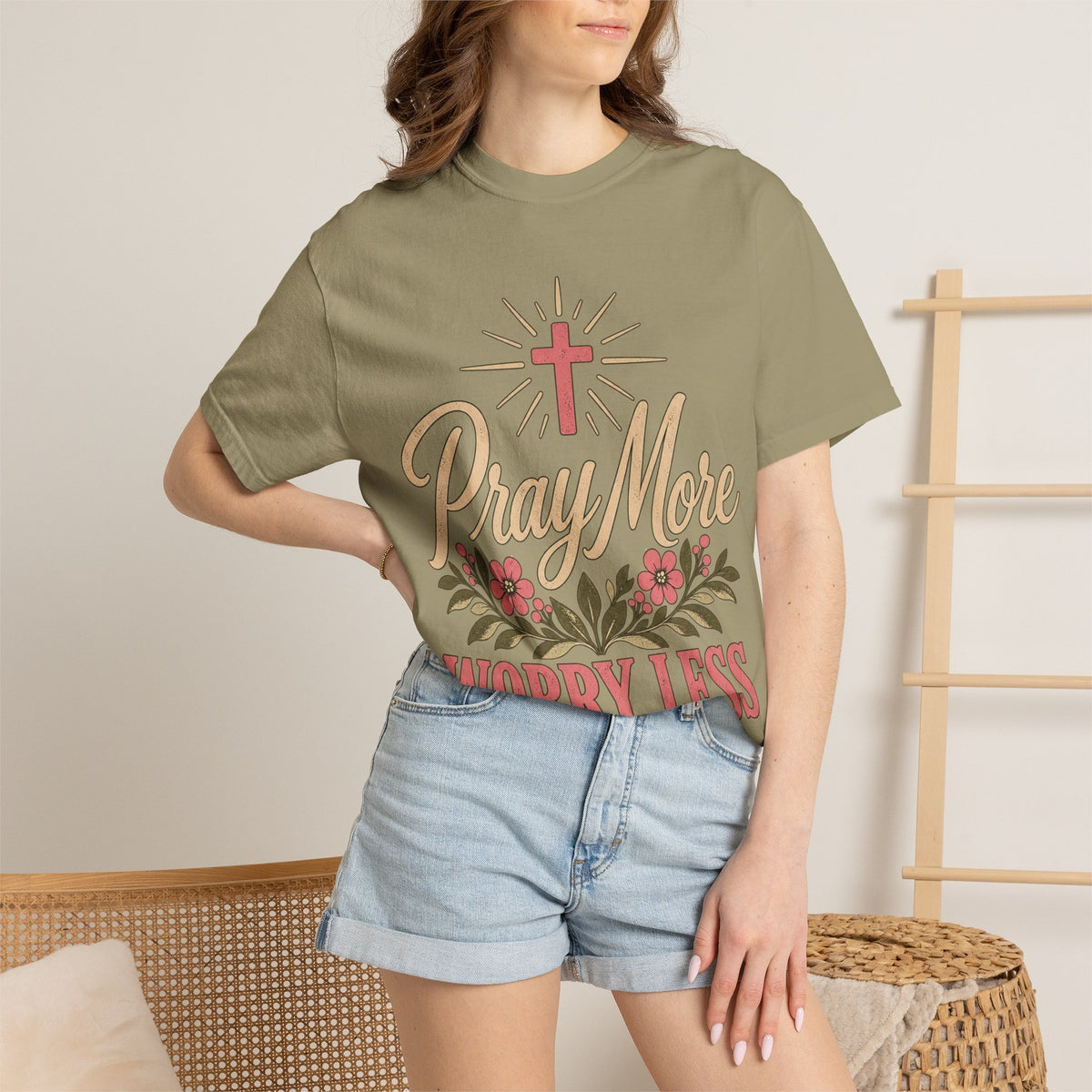 Pray More Worry Less T-shirt | Christian Cross Floral Tee
