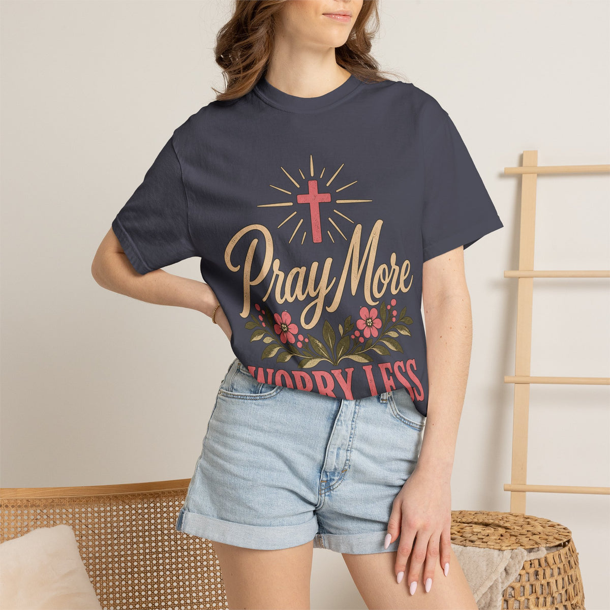 Pray More Worry Less T-shirt | Christian Cross Floral Tee