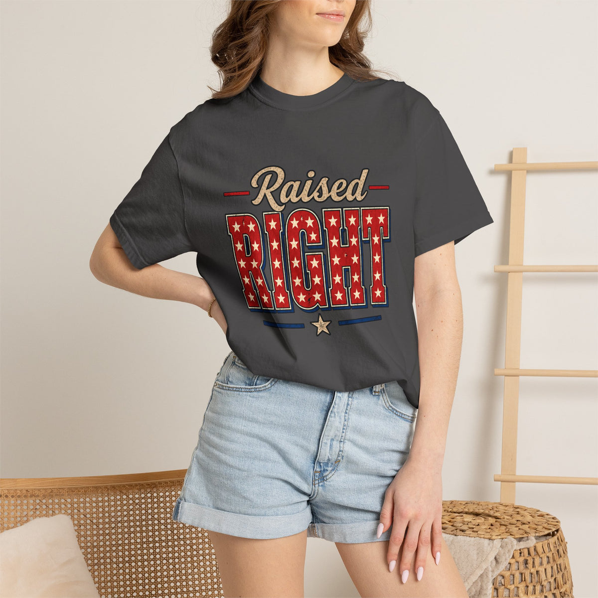 Raised Right T-shirt | Patriotic Stars Stripes Americana Design
