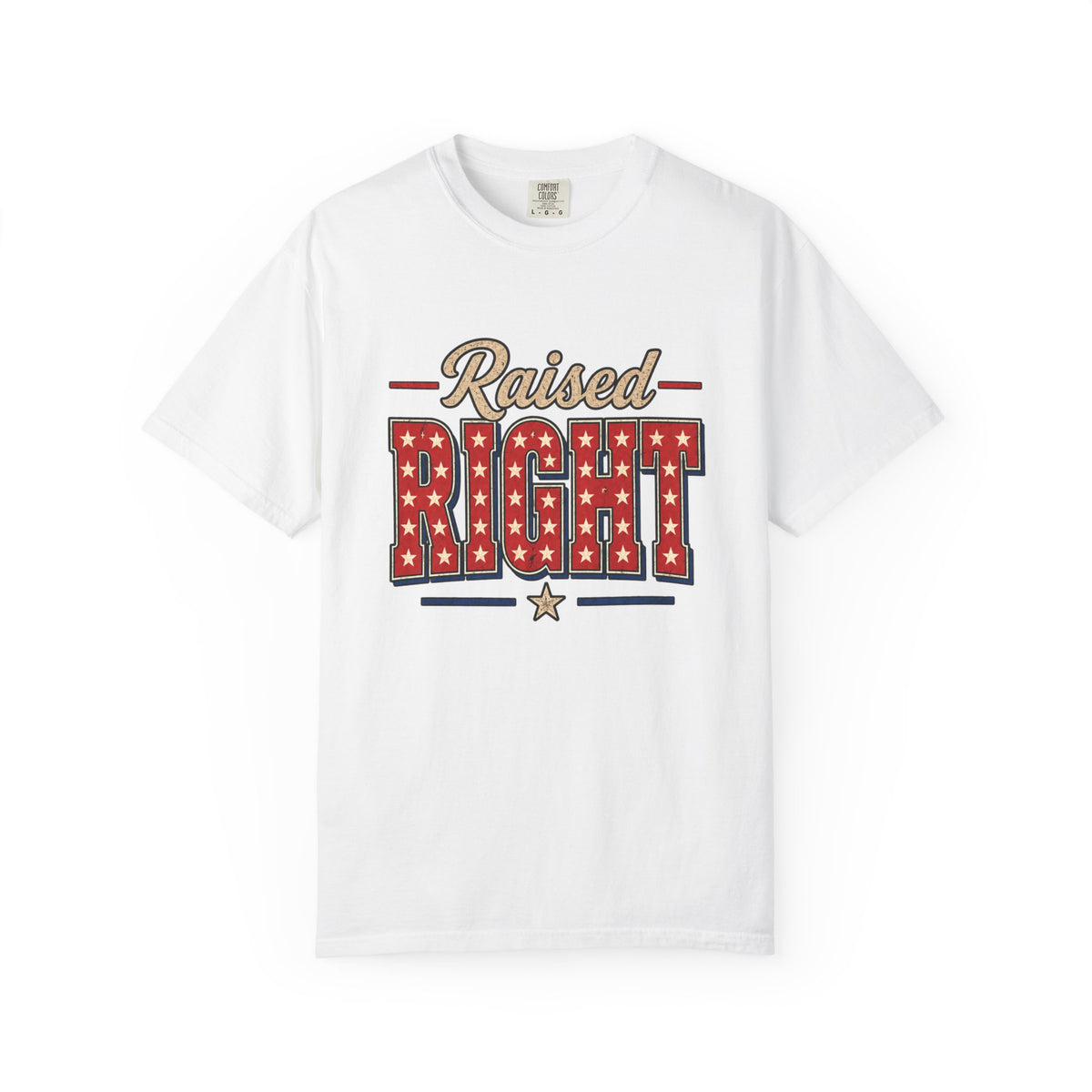 Raised Right T-shirt | Patriotic Stars Stripes Americana Design