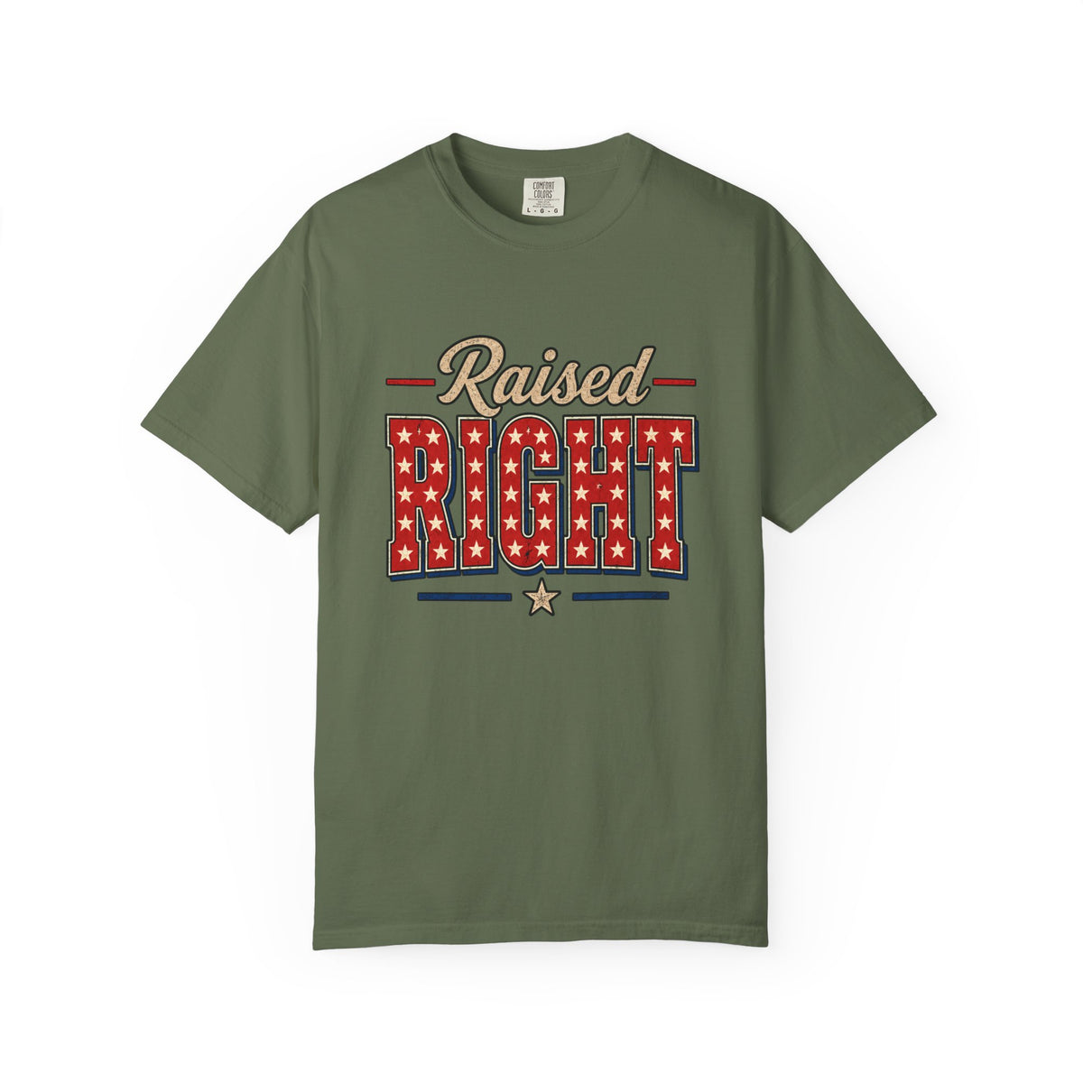 Raised Right T-shirt | Patriotic Stars Stripes Americana Design